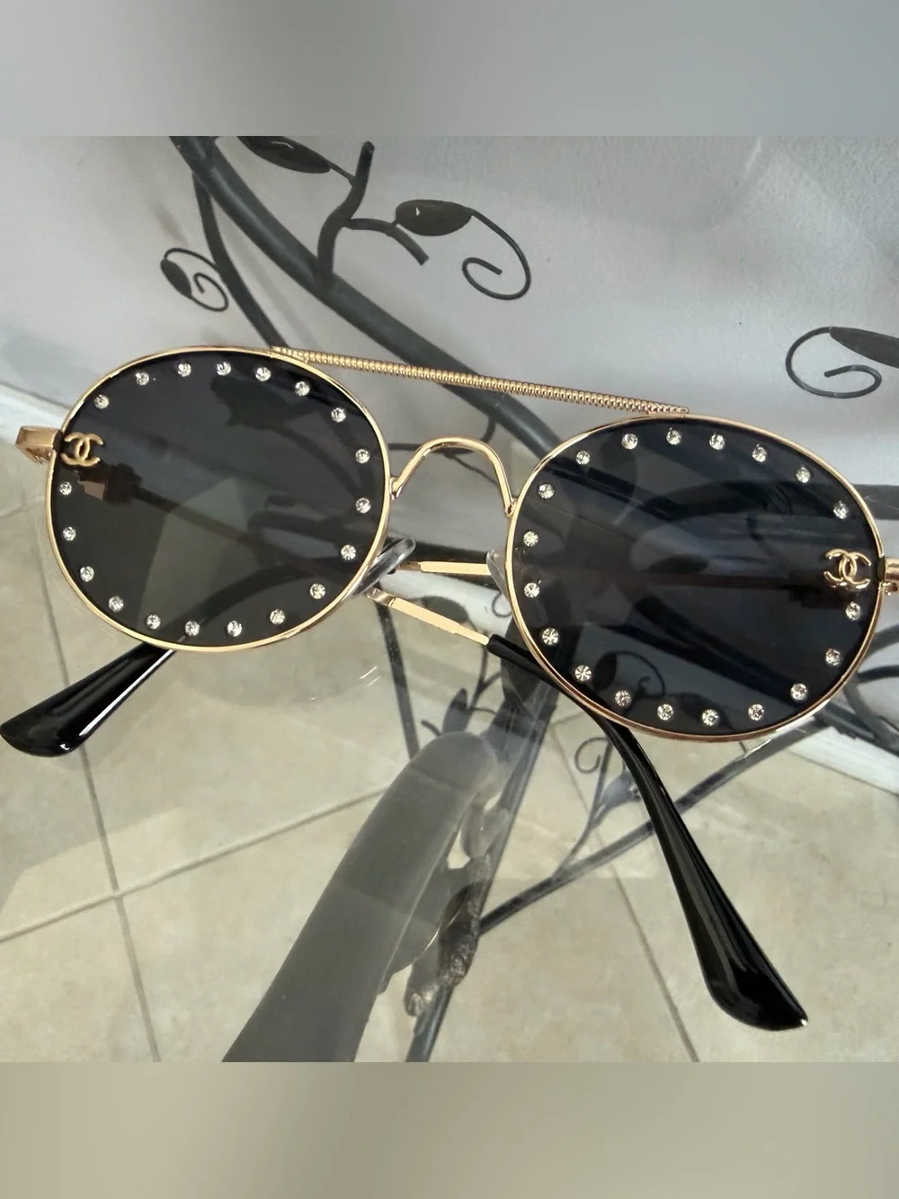 Gold Frame Black Lens Round Sunglasses with Crystal Studs